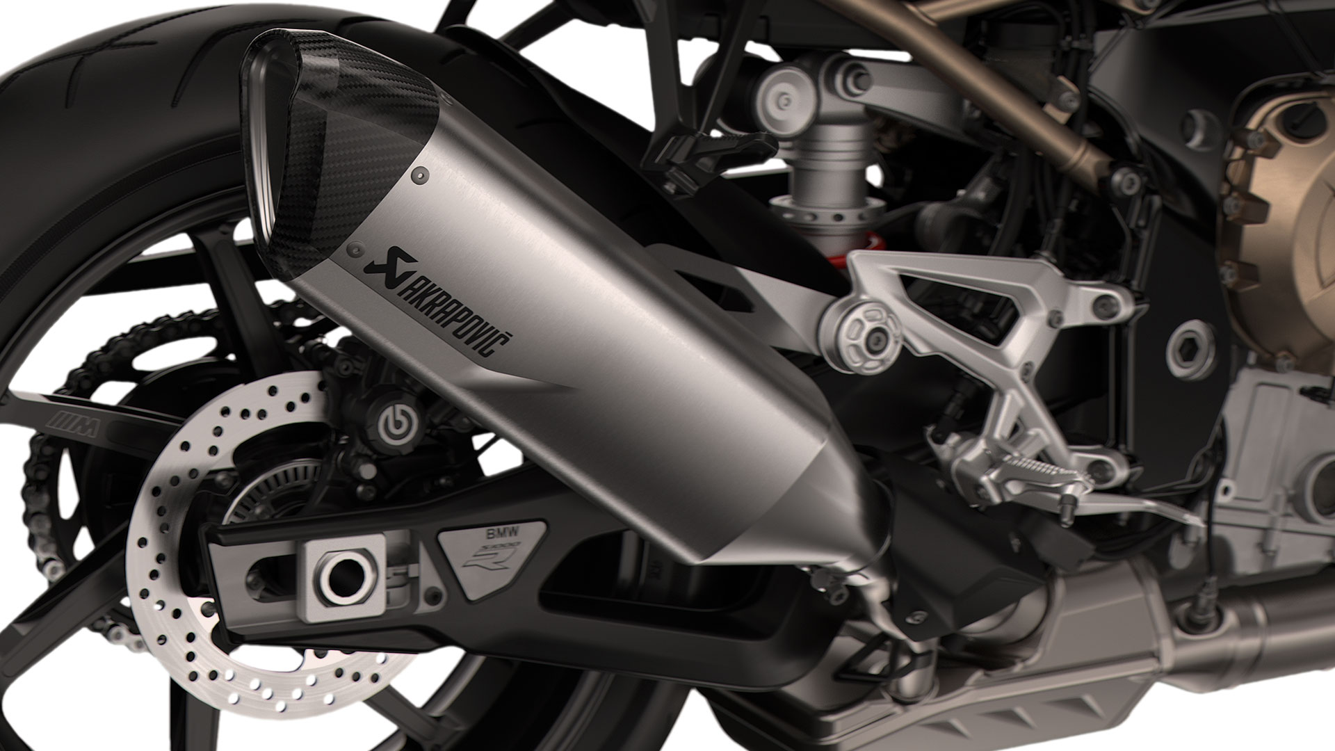 We see the titanium sports silencer and the exhaust system of the S 1000 R.